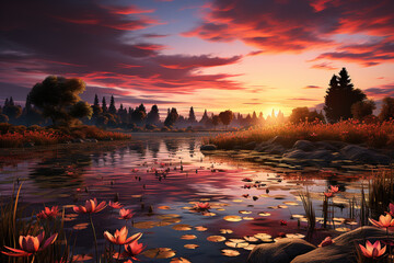 Poster - A panoramic shot of a wetland area at sunset, with bulrushes framing the fiery colors of the sky.  Generative AI technology.
