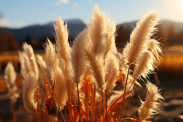 Poster - A close-up of bulrushes swaying gently in the breeze, with their feathery plumes catching the sunlight. Generative AI technology.