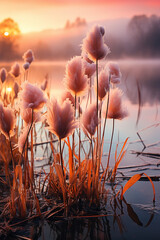 Poster - A misty morning scene with bulrushes rising from the water's edge, enveloped in a soft, ethereal light.  Generative AI technology.