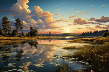 Poster - A serene lake with a lush bulrush marsh along the shoreline, reflecting in the calm water.  Generative AI technology.