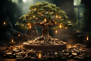 Poster - Money tree on a beautiful natural background.  Generative AI technology.