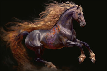 Poster - A regal horse with a flowing mane and coat painted with elegant drips of vibrant colors, capturing the grace and elegance of these majestic creatures. Generative AI technology.