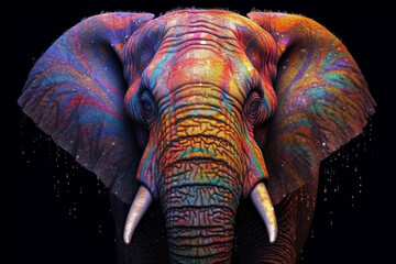 Poster - A gentle elephant with intricate paint drips adorning its wrinkled skin, capturing the wisdom and gentle nature of these magnificent creatures. Generative AI technology.