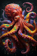 Poster - A curious octopus with tentacles adorned in a mesmerizing display of swirling and dripping paint, capturing the intelligence and mystery of these cephalopods. Generative AI technology.