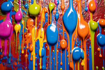 Aufkleber - A colorful and abstract wall mural featuring intricate paint drips, transforming a plain surface into a vibrant and eye-catching work of art. Generative AI technology.