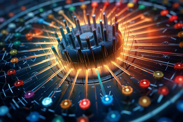 Leinwandbilder - An image of a central hub surrounded by interconnected spokes, symbolizing the role of data management and integration as a central point of control and coordination. Generative AI technology.