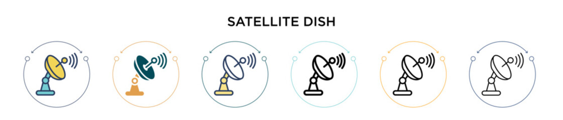 Satellite dish icon in filled, thin line, outline and stroke style. Vector illustration of two colored and black satellite dish vector icons designs can be used for mobile, ui, web