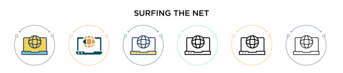 Poster - Surfing the net icon in filled, thin line, outline and stroke style. Vector illustration of two colored and black surfing the net vector icons designs can be used for mobile, ui, web