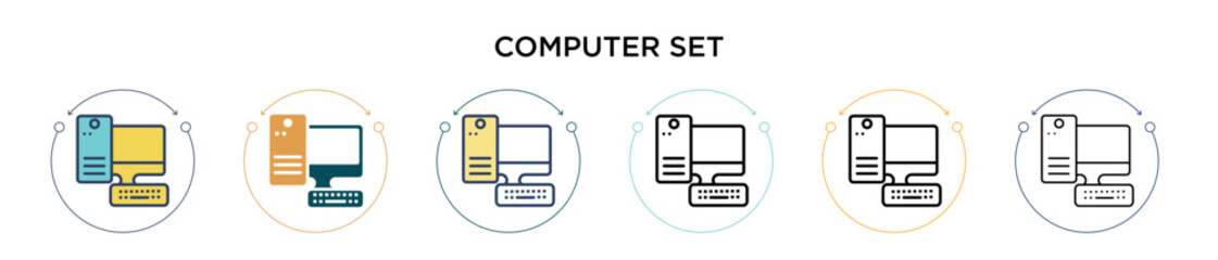 Poster - Computer set icon in filled, thin line, outline and stroke style. Vector illustration of two colored and black computer set vector icons designs can be used for mobile, ui, web