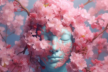Aufkleber - A pastel brain surrounded by blooming cherry blossoms, conveying a sense of renewal and beauty. Generative AI technology.