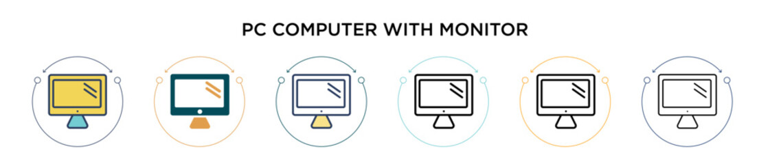 Poster - Pc computer with monitor icon in filled, thin line, outline and stroke style. Vector illustration of two colored and black pc computer with monitor vector icons designs can be used for mobile, ui, web