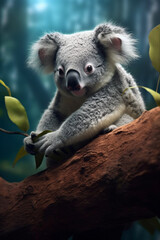 Fototapete - A pastel-colored koala perched on a tree branch, its fluffy fur and gentle gaze evoking a sense of comfort and innocence.  Generative AI technology.