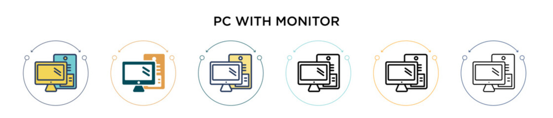 Poster - Pc with monitor icon in filled, thin line, outline and stroke style. Vector illustration of two colored and black pc with monitor vector icons designs can be used for mobile, ui, web