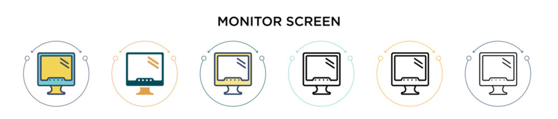 Poster - Monitor screen icon in filled, thin line, outline and stroke style. Vector illustration of two colored and black monitor screen vector icons designs can be used for mobile, ui, web