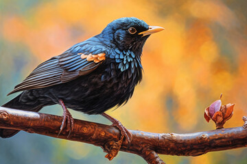 Fototapete - A pastel Blackbird perched on a branch, its feathers adorned with subtle pastel shades and intricate details, radiating a sense of delicacy and freedom. Generative AI technology.