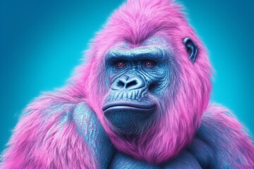 Fototapete - A pastel-colored Gorilla with a majestic mane, rendered in soft hues of pink, purple, and blue, exuding a serene and regal presence. Generative AI technology.