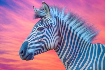 Fototapete - A pastel-colored Zebra with a majestic mane, rendered in soft hues of pink, purple, and blue, exuding a serene and regal presence. Generative AI technology.
