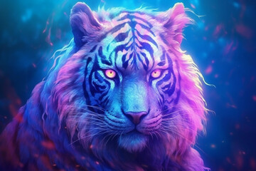Poster - A pastel-colored Tiger with a majestic mane, rendered in soft hues of pink, purple, and blue, exuding a serene and regal presence. Generative AI technology.