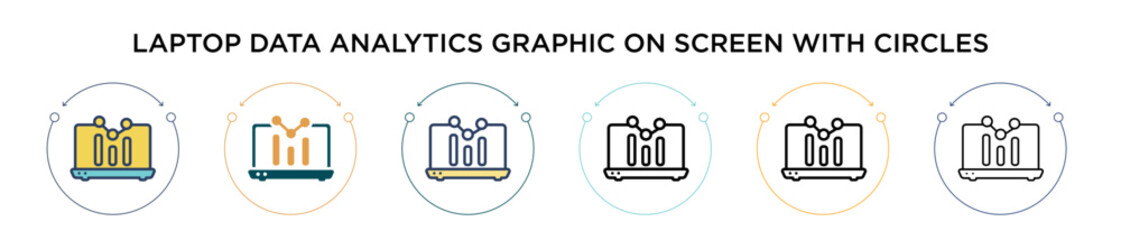 Poster - laptop data analytics graphic on screen with circles icon in filled, thin line, outline and stroke s