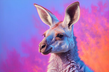 Poster - A pastel-colored Kangaroo with a majestic mane, rendered in soft hues of pink, purple, and blue, exuding a serene and regal presence. Generative AI technology.