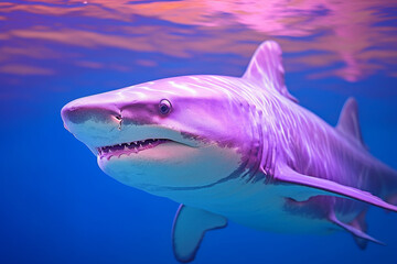 Fototapete - A pastel-colored Shark with a majestic mane, rendered in soft hues of pink, purple, and blue, exuding a serene and regal presence.  Generative AI technology.