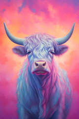 Poster - A pastel-colored Cow with a majestic mane, rendered in soft hues of pink, purple, and blue, exuding a serene and regal presence. Generative AI technology.