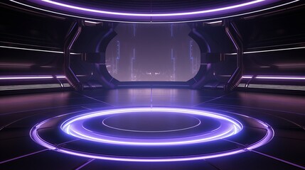 Sticker - Empty Dark Futuristic Sci Fi Big Hall Room with Lights and Circle Shape Neon Light on Reflection Surface 3D Render