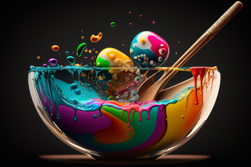 Poster - A bowl filled with colorful paint, with paintbrushes partially submerged and dripping, illustrating the artist's preparation and inspiration. Generative AI technology.