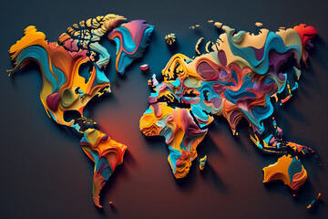 Poster - An abstract world map composed of vibrant, swirling colors, representing the diversity and interconnectedness of global travel destinations. Generative AI technology.