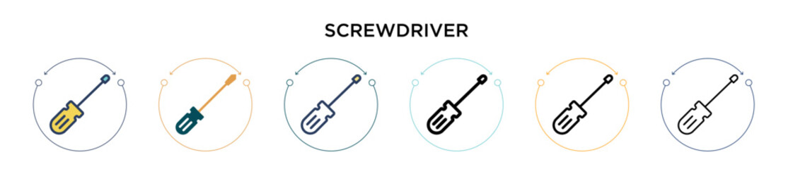 Poster - Screwdriver icon in filled, thin line, outline and stroke style. Vector illustration of two colored and black screwdriver vector icons designs can be used for mobile, ui, web