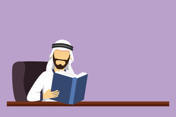 Wall Mural - Graphic flat design drawing smart student sitting at table, holding book in hand. Arab student reading book in library. Student reading book and preparing for exam. Cartoon style vector illustration