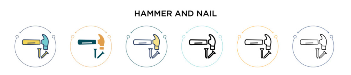 Poster - hammer and nail icon in filled, thin line, outline and stroke style. vector illustration of two colo