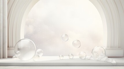 Poster - Minimalistic white arched background with a marble podium on the water among glass sphere bubbles for product and cosmetics presentation. Classic decorated wall. realistic rendering 3d illustration