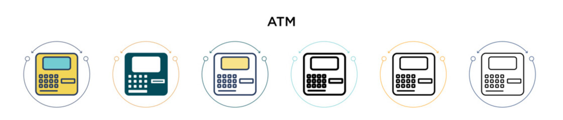 Poster - atm icon in filled, thin line, outline and stroke style. vector illustration of two colored and blac
