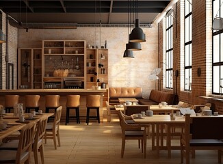 Wall Mural - Restaurant in a modern style with textured walls and a parquet. There are gray sofas with tables, decorative wooden poles with birds, bar, plants. Created with Generative AI technology.