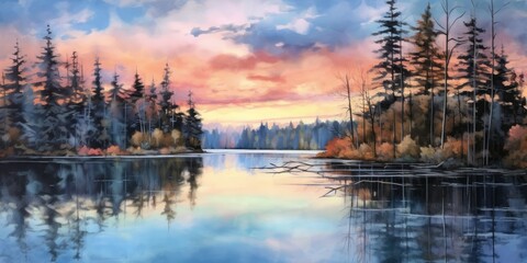 Wall Mural - Lake Reflection - A serene lake reflects the beauty of the sky and trees, creating a peaceful atmosphere. 🏞️💙