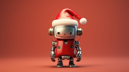 Poster - New Year Christmas card template. Robot in a Santa Claus hat. Copy space for text. created with Generative AI technology