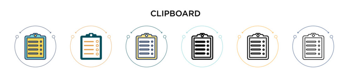 Poster - Clipboard icon in filled, thin line, outline and stroke style. Vector illustration of two colored and black clipboard vector icons designs can be used for mobile, ui, web