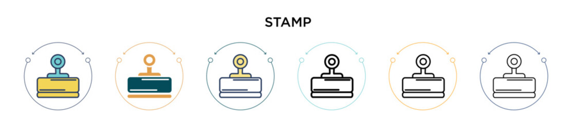 Poster - stamp icon in filled, thin line, outline and stroke style. vector illustration of two colored and bl