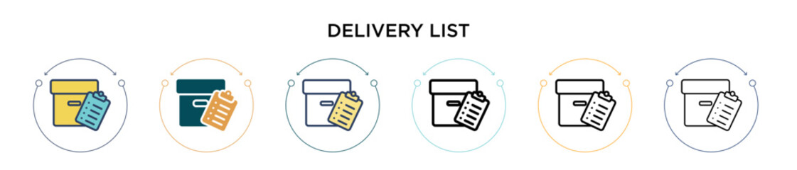 Poster - Delivery list icon in filled, thin line, outline and stroke style. Vector illustration of two colored and black delivery list vector icons designs can be used for mobile, ui, web