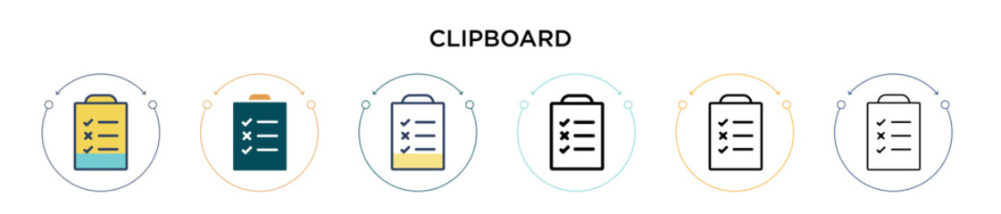 Poster - Clipboard icon in filled, thin line, outline and stroke style. Vector illustration of two colored and black clipboard vector icons designs can be used for mobile, ui, web