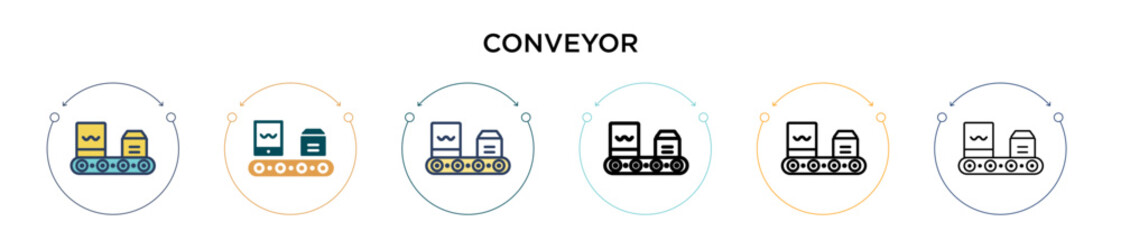 Poster - Conveyor icon in filled, thin line, outline and stroke style. Vector illustration of two colored and black conveyor vector icons designs can be used for mobile, ui, web