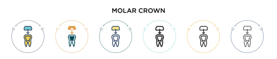 Molar crown icon in filled, thin line, outline and stroke style. Vector illustration of two colored and black molar crown vector icons designs can be used for mobile, ui, web