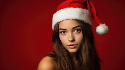 beautiful woman in santa hat posing on red background stock photo created with Generative AI technology