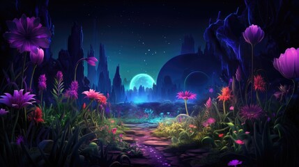 Flowers in glowing cosmic forest or garden landscape. Fantasy fairy tail abstract blossoming alien flowers with galaxy space Universe. Floral magical galaxy background. AI illustration digital art..