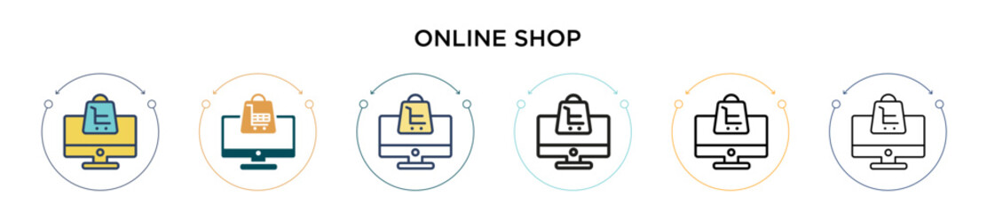 Poster - Online shop icon in filled, thin line, outline and stroke style. Vector illustration of two colored and black online shop vector icons designs can be used for mobile, ui, web