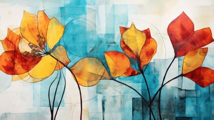 Wall Mural - Abstract autumn floral art background. Botanical modern trendy arrangements fall flowers and leaves ornaments. AI illustration for invitation, poster, canvas print, wallpaper..