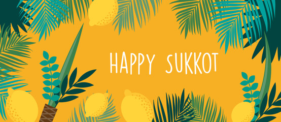 Happy Sukkot Jewish Holiday Poster Sukkah With Decorations Vector Illustration. Hebrew Text Translation: 'Happy Sukkot Holiday'.