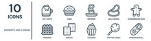 Desserts And Candies Outline Icon Set Such As Thin Line Hot Chote, Brownie, Gingerbread Man, Biscuit, Cotton Candy, Cinnamon Roll, Tiramisu Icons For Report, Presentation, Diagram, Web Design