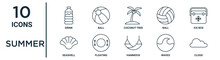 Summer Outline Icon Set Such As Thin Line Drink, Coconut Tree, Ice Box, Floating, Waves, Cloud, Seashell Icons For Report, Presentation, Diagram, Web Design